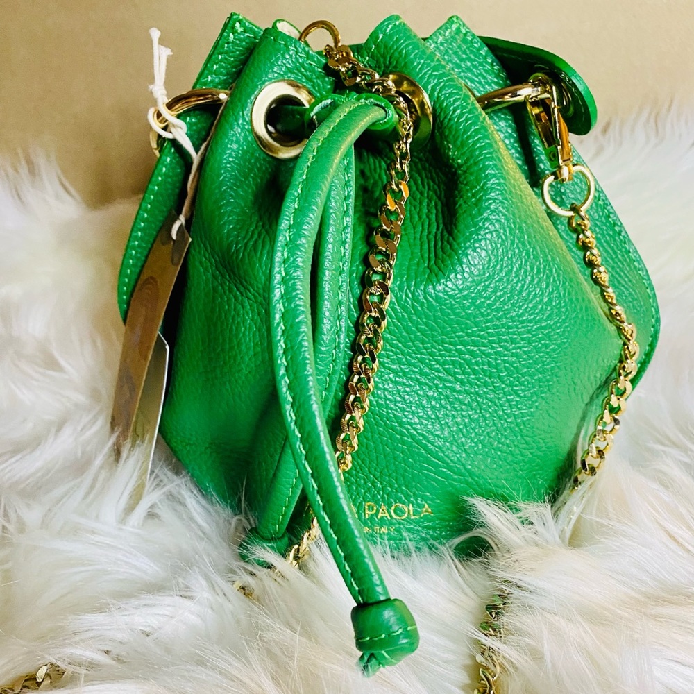 Italian Leather Green Crossbody Gold Chain Strap Bucket Purse Drawstring
